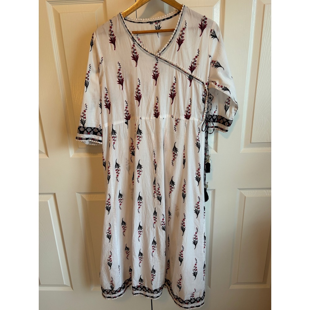 Boho Floral Block Print Cotton Midi Dress White Red Black Lace Trim Size 12 44
